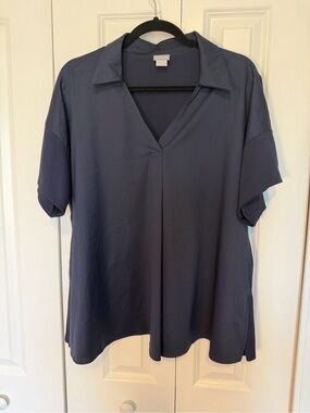 Chico's Navy Relaxed V-Neck Collared Short Sleeve Top Size 2 (10-12 Womens)
